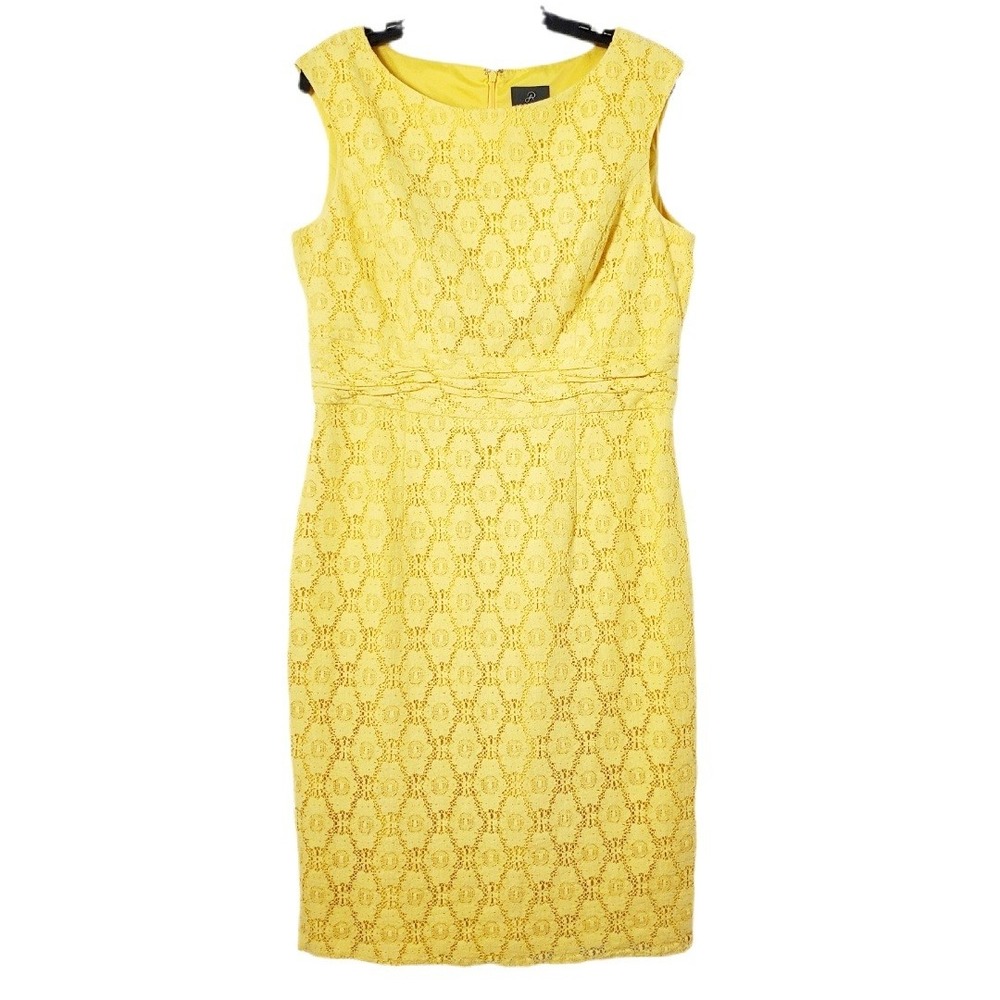 Adrianna Papell Yellow Floral Lace Sheath Dress Size 14 Sleeveless Cocktail